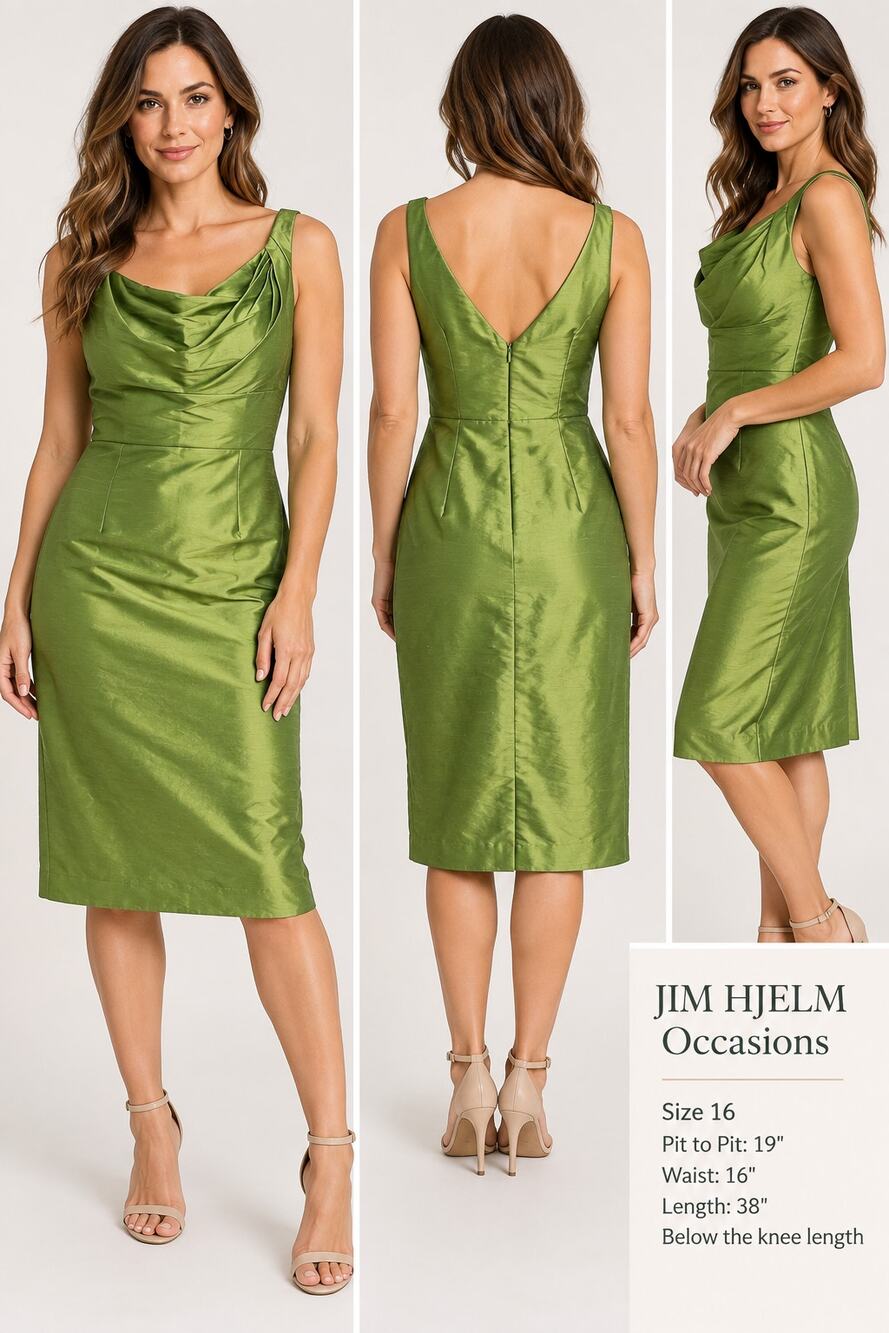 Jim Hjelm Occasions Dress Women 16 Green Silk Look Cowl Neck Cocktail Midi
